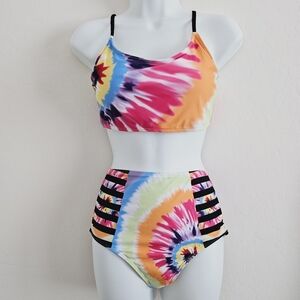 NWOT Spiral Rainbow Tie Dye Bikini Top & Bottom Set SZ Large
